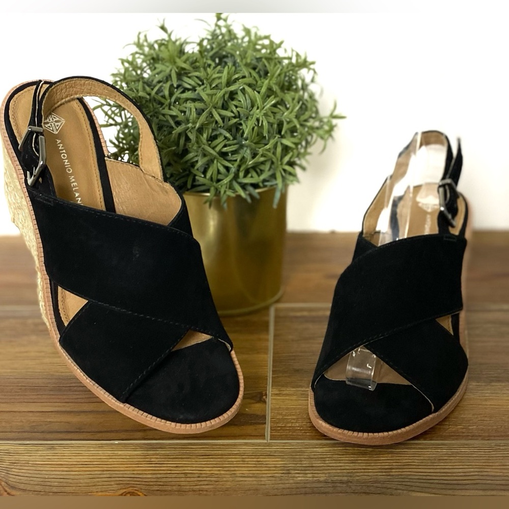 Antonio Melani 7.5 Black Suede Espadrille Wedge Slingback Sandals EUC